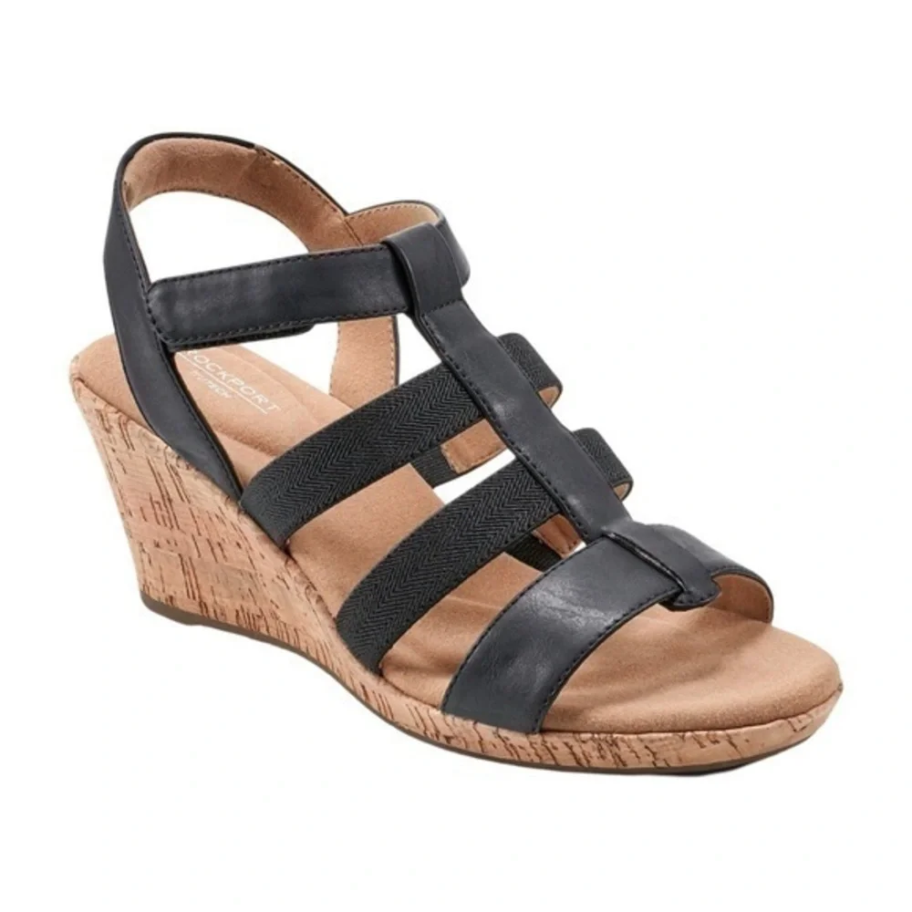 Rockport Blanca Wedge Sandal Elastic TBar Sandal in Black NEW in Box